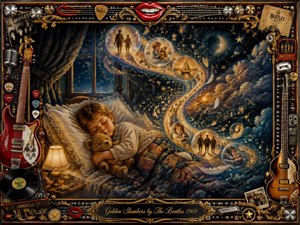 A sleeping child embraces a teddy bear in a warm bedroom as a golden dream path curves through a starry night sky, carrying memories and gentle musical visions. Rich blues, golds, and soft candlelight create a peaceful mood. The ornate Beatles-inspired frame features instruments, records, and engraved details in a textured fantasy painting style.