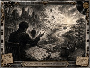 A solitary figure reaches toward drifting money, feathers, and birds as a dark financial city dissolves into a brighter countryside road. Deep charcoal textures, smoky shadows, and soft golden accents create a melancholic yet hopeful mood. An ornate musical frame surrounds the scene, with a vintage car escaping toward sunlight.