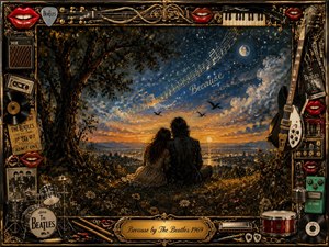 A richly detailed framed artwork shows a couple embracing on a flower-covered hillside beneath a glowing sunset and star-filled sky, with musical notes drifting overhead. A dark metallic frame decorated with guitars, records, instruments, and Beatles-inspired memorabilia surrounds the scene. Warm gold, deep blue, and amber tones create a nostalgic, dreamy atmosphere.
