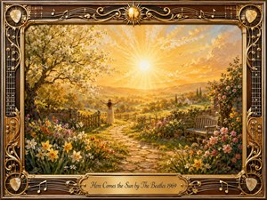 A radiant oil-painted sunrise floods a peaceful spring garden and rolling countryside with warm gold, honey, peach, and fresh green light. A lone figure welcomes the morning beside a winding stone path, surrounded by blossoms and trees. An ornate guitar-themed gold frame and engraved title plate complete the joyful, hopeful composition.