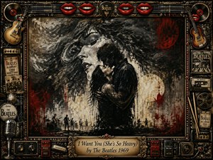 A dramatic charcoal-inspired rock artwork portrays a passionate couple embracing beneath a haunting female presence, surrounded by shadowy musicians and a storm of textured darkness. The ornate frame blends chrome, gold, guitars, records, and concert imagery. Deep blacks, crimson accents, and metallic highlights create an intense, mysterious atmosphere with vintage poster styling.