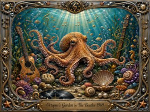 A friendly orange octopus rests at the heart of a luminous underwater garden, surrounded by colorful fish, coral, shells, pearls, and musical instruments. Turquoise water glows with sunbeams and rising bubbles, creating a peaceful, whimsical mood. Rich digital-painting detail and an ornate gold-and-chrome musical frame complete the imaginative composition.