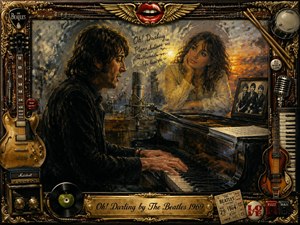 A dramatic retro rock scene shows a musician at a grand piano in a vintage recording studio, facing a glowing portrait of a loved one. Rich charcoal-like textures, deep shadows, and warm amber highlights create an emotional atmosphere. Ornate gold framing, guitars, microphones, records, and stage details surround the composition with nostalgic musical elegance.
