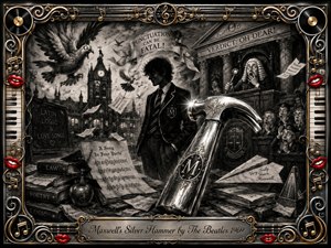 A shadowy student stands amid a gothic campus and theatrical courtroom, dominated by an enormous gleaming silver hammer. Deep feathered charcoal textures, smoky grays, and dramatic highlights create a darkly comic mood. Flying papers, startled birds, books, and shocked jurors fill the scene, framed by ornate chrome, gold, piano keys, records, and vivid red lips.