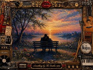 An impressionistic romantic scene shows a silhouetted couple embracing on a bench beside a tranquil lake at sunset. Rich blues, golds, and warm oranges fill the textured landscape, surrounded by trees and flowers. An ornate rock-and-roll frame features guitars, records, instruments, and memorabilia, with a glowing engraved title plate below.