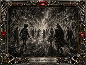 A smoky charcoal dreamscape shows diverse figures converging toward a luminous center, suggesting unity, rhythm, and mysterious connection. Swirling sound lines, musical notes, and reflective pathways guide the composition inward. Deep blacks, silver grays, and glowing highlights dominate, framed by chrome, gold filigree, red lips, microphones, records, and rock-inspired ornament.