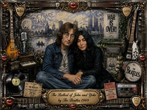 An ornate rock-inspired portrait shows John Lennon and Yoko Ono embracing within a richly decorated vintage frame. The scene blends peace imagery, city landscapes, and musical memorabilia with guitars, records, microphones, and Beatles symbols. Deep blues, golds, and warm highlights create a nostalgic, intimate mood in a textured painterly style.
