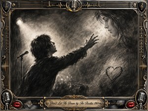 A lone singer reaches desperately toward a ghostlike beloved emerging from smoky darkness, capturing vulnerability, longing, and fear of loss. Deep charcoal textures, feathered shadows, and a dramatic spotlight create intimate tension. An ornate chrome-and-gold musical frame, red lips, microphones, vinyl details, and an engraved title plate complete the composition.