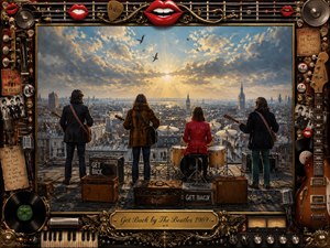 A richly detailed vintage rock scene shows The Beatles performing on a rooftop overlooking London, framed by an ornate musical collage border. Warm golden sunlight breaks through clouds, creating a nostalgic, uplifting mood. Guitars, drums, records, microphones, and memorabilia surround the composition, blending photorealistic textures with a classic album-art aesthetic.
