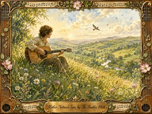 A young guitarist sits peacefully among sunlit wildflowers on a rolling hillside, overlooking a winding river and green countryside beneath a luminous sky. Warm gold, soft green, and pale blue tones create a serene, pastoral mood. Delicate watercolor textures, soaring birds, roses, sheet music, and an ornate guitar-inspired frame enrich the nostalgic composition.