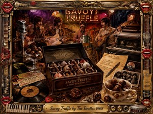 A richly detailed vintage rock scene unfolds inside an ornate gold frame, featuring musicians surrounded by instruments, chocolates, vinyl records, and studio memorabilia. Warm amber lighting, deep reds, and dark textures create a decadent mood. The hyper-realistic artwork blends music nostalgia with luxurious confectionery imagery and intricate decorative details.