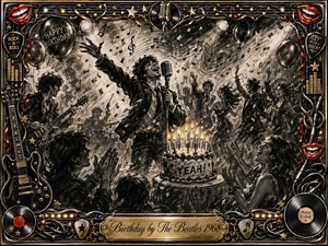 A jubilant rock singer leads a lively birthday celebration amid cheering dancers, confetti, balloons, and glowing candles. Deep charcoal textures and smoky black shadows create energetic motion, warmed by golden highlights and bright red accents. An ornate music-themed frame surrounds the scene with guitars, records, cables, stars, and a polished engraved title plate.