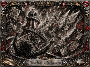 A towering helter-skelter spirals through a violent charcoal storm as frantic figures tumble amid smoke, debris, spotlights, and flying sheet music. Black, gray, and white textures dominate, slashed with crimson accents. An ornate chrome-and-gold rock frame surrounds the chaos, incorporating guitar picks, speakers, lightning bolts, flames, and engraved title plate.