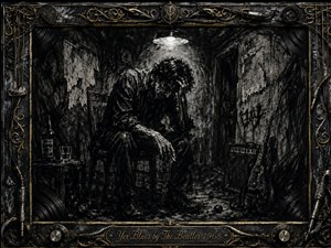 A solitary man slumps beneath a harsh overhead lamp in a cramped, decaying room, surrounded by shadows, a bottle, glass, amplifier, and leaning guitar. Deep feathered charcoal textures create a bleak, claustrophobic mood, while black, gray, silver, and muted gold tones contrast with the ornate music-themed frame.