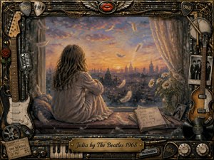 A deeply textured charcoal-inspired artwork portrays a contemplative figure by a window overlooking a glowing city sunset, surrounded by floating feathers and quiet reflections. Warm golds, muted purples, and soft shadows create a nostalgic atmosphere. An ornate vintage music frame combines guitars, strings, vinyl, piano keys, and engraved details, with a title plate honoring Julia by The Beatles 1968.