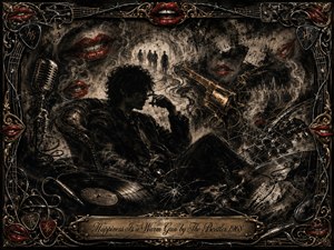 A brooding shadowed figure sits amid swirling smoke, floating crimson lips, tangled guitar strings, sheet music, a vintage microphone, vinyl record, and a glowing metallic gun motif. Deep charcoal blacks, sepia golds, and dramatic highlights create a surreal noir mood, enclosed by an ornate rock-inspired frame and engraved title plate.