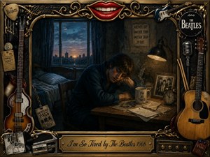 A deeply atmospheric portrait captures an exhausted musician resting at a desk in a dim bedroom before dawn. Rich charcoal-like textures and dark blues create a weary, reflective mood, while warm lamp light highlights scattered papers, instruments, records, and memorabilia. An ornate gold-and-chrome music frame surrounds the intimate Beatles-inspired scene.