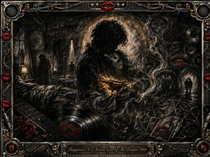 A shadowed couple embraces in a surreal charcoal dreamscape, centered around a softly glowing golden revolver. Smoky textures, ghostly faces, vinyl records, guitar strings, red lips, and roses surround them. Deep blacks, silver grays, crimson accents, and warm amber light create an intimate, mysterious, psychologically charged atmosphere within an ornate metallic frame.