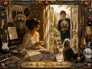 A richly detailed vintage painting depicts a warm domestic scene inspired by The Beatles, with a woman, a musician, and a loyal dog in a sunlit garden doorway. The ornate frame blends gold, chrome, instruments, records, and musical symbols. Soft amber lighting, textured brushwork, and nostalgic colors create an intimate, timeless atmosphere.