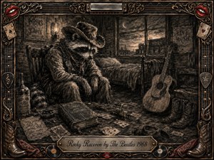 A charcoal-inspired Western scene portrays a weary raccoon cowboy musician in a dim frontier room, surrounded by a guitar, cards, songbook, boots, and rustic keepsakes. Rich sepia-black textures, smoky shadows, and lantern light create a nostalgic, melancholic mood. An ornate musical frame and engraved title plaque complete the vintage album-like composition.