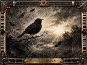 A solitary blackbird perches on a slender branch against a dramatic charcoal dawn, surrounded by drifting feathers, faint musical staffs, and misty trees. Warm golden light breaks through smoky gray clouds, suggesting hope and renewal. An ornate black-and-gold music-themed frame features piano keys, guitar strings, picks, and an engraved title plate.