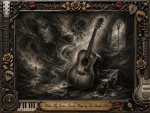 A melancholic charcoal artwork shows a lone acoustic guitar resting in a misty, shadowed landscape, surrounded by swirling smoke-like textures and faint musical echoes. The monochrome palette of deep blacks, silvery grays, and subtle highlights creates a reflective mood. An ornate metallic frame with gold accents, musical details, and an engraved title plate completes the timeless composition.