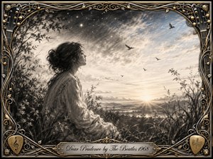 A contemplative young woman sits among wild grasses at dawn, gazing toward a radiant horizon as birds cross the brightening sky. Deep charcoal textures and smoky shadows blend with pale blue light, creating a peaceful, awakening mood. An ornate chrome-and-gold musical frame surrounds the lyrical composition, with an engraved title plate below.