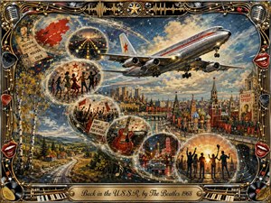 A vibrant retro collage depicts a silver jet soaring above a Soviet-inspired cityscape, with a flowing S-curve of memory bubbles showing travel, music, dancing crowds, and guitars. Rich blues, reds, golds, and metallic tones create a celebratory 1968 rock atmosphere. An ornate musical frame and engraved title plate complete the cinematic mixed-media artwork.