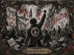 A lone protester raises a fist amid a turbulent London street, surrounded by shadowy crowds, torn posters, graffiti, musicians, and swirling smoke. Deep charcoal textures dominate, punctuated by urgent red accents and muted metallic gold. Dramatic contrast, distressed architecture, musical symbols, and an ornate rock-inspired frame create a rebellious, charged atmosphere.