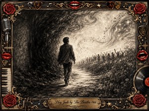 A deeply textured charcoal artwork shows a solitary figure walking from darkness into radiant hope, surrounded by swirling musical notes, distant cheering silhouettes, and a luminous sky. The monochrome composition blends smoky shadows with warm highlights, framed by an ornate gold musical border featuring roses, instruments, vinyl details, and an engraved title plate.