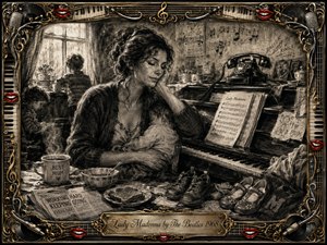 A weary mother cradles a sleeping child beside an upright piano in a crowded family room, surrounded by breakfast dishes, childrens shoes, sheet music, and a ringing telephone. Deep charcoal textures, soft window light, sepia highlights, and dramatic shadows create a tender, resilient mood within an ornate gold musical frame.