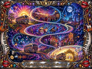A vibrant psychedelic fantasy panorama depicts a magical musical journey through swirling S-shaped pathways, dreamlike landscapes, and whimsical tour scenes. A colorful vintage bus travels beneath cosmic skies, festivals, and glowing cities. Rich purples, blues, golds, and reds illuminate the ornate chrome-and-gold frame, creating a detailed, celebratory 1960s-inspired digital painting.