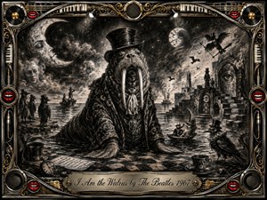 A regal walrus in a top hat dominates a surreal moonlit shoreline, surrounded by ravens, strange figures, stairways, and dreamlike symbols. Deep charcoal textures, smoky grays, and dramatic highlights create an eerie theatrical mood. An ornate chrome-and-gold musical frame, accented with red lips, encloses the richly detailed composition.