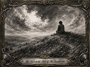 A solitary figure sits atop a windswept hill, gazing across a distant village beneath swirling, luminous clouds. Deep charcoal textures and feathered shading create a contemplative, mysterious mood, while bright breaks in the sky add dramatic contrast. An ornate black, chrome, and gold musical frame surrounds the scene, with an engraved title plate below.