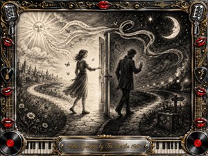 A richly textured charcoal scene contrasts greeting and farewell at a glowing doorway, where a welcoming woman faces a departing man. Daylight, flowers, butterflies, and a smiling sun oppose moonlit tracks, a train, and deep shadows. An ornate chrome-and-gold music frame with red lips, records, microphones, piano keys, and engraved title completes the theatrical composition.