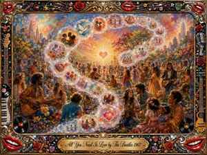 A vibrant impressionistic festival scene captures unity and joy through a flowing S-curve of glowing dream bubbles. Diverse people gather in a sunlit park, surrounded by music, flowers, and symbols of harmony. Warm golds, reds, and pastel tones illuminate the richly textured psychedelic painting, framed with ornate musical details and a golden title plaque.