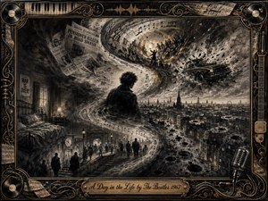 A solitary figure faces a surreal charcoal dreamscape where newspapers, musical notes, commuters, a speeding vintage car, and a cratered London skyline spiral together. Deep blacks, smoky grays, sepia highlights, and antique gold create dramatic chiaroscuro. An ornate music-themed frame, engraved title plate, piano keys, records, and microphone complete the cinematic composition.