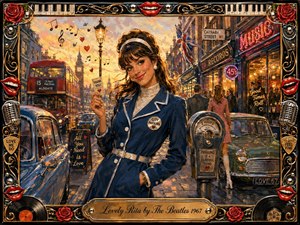 A vibrant retro pop-art painting portrays a charming 1960s parking attendant on a lively London street, surrounded by vintage cars, music shops, and whimsical romantic details. Warm golden light, rich painterly textures, and a decorative musical frame with chrome, roses, and engraved elements create a playful, nostalgic atmosphere celebrating charm, style, and melody.