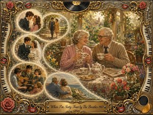 An elderly couple shares tea in a sunlit garden room, surrounded by feathered memory bubbles tracing courtship, marriage, family life, and lasting companionship in a graceful S-curve. Warm gold, cream, rose, and green tones create nostalgic tenderness, while an ornate musical frame, vinyl accents, piano keys, roses, and engraved title plate complete the richly detailed illustration.