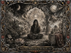 A mystical charcoal-inspired scene depicts a meditating figure in a serene garden sanctuary beneath cosmic skies and glowing geometric patterns. Rich black, silver, and muted gold tones create a contemplative mood, while incense-like smoke, lotus flowers, and ornate musical decorations surround the composition. The intricate frame adds a spiritual psychedelic elegance.
