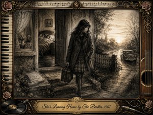 A young woman leaves her family home at dawn, carrying a small suitcase while her parents remain inside. Deep charcoal textures, warm sepia highlights, and soft morning light create a wistful, reflective mood. An ornate musical frame of piano keys, guitar strings, roses, sheet music, vinyl, and gold details surrounds the scene.