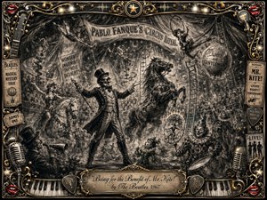 A dramatic charcoal illustration depicts a Victorian circus spectacle inspired by Mr. Kite, with a theatrical ringmaster, performers, horses, acrobats, and clowns inside a swirling big-top tent. The monochrome smoky textures contrast with ornate gold and chrome musical decorations, creating a mysterious, whimsical atmosphere. An engraved title plaque completes the vintage carnival composition.