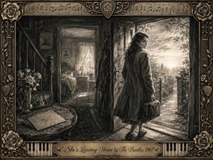 A young woman pauses at an open doorway, suitcase in hand, leaving a shadowed family home for the glowing dawn beyond. Deep charcoal textures, sepia tones, and soft feathered shading create a wistful, bittersweet mood. An ornate musical frame of roses, strings, piano keys, and gold detailing completes the composition.