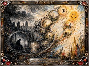 A richly textured mixed-media artwork portrays a journey from darkness into hope, with a sweeping S-curve of charcoal feathered bubbles transitioning from a stormy cityscape to a radiant golden landscape. Warm sunlight, musical symbols, and joyful silhouettes emerge through layered charcoal, paint, and metallic accents, framed by ornate rock-inspired chrome and gold details.