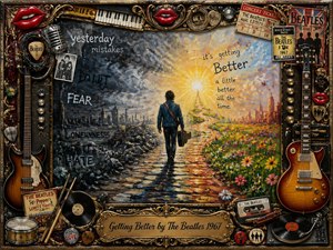 A richly textured artwork shows a lone musician walking from a dark, troubled landscape toward a bright, hopeful sunrise. The central path symbolizes renewal, surrounded by colorful flowers and warm light. An ornate musical frame with guitars, records, microphones, and Beatles-inspired memorabilia enhances the impressionistic charcoal and mixed-media style.