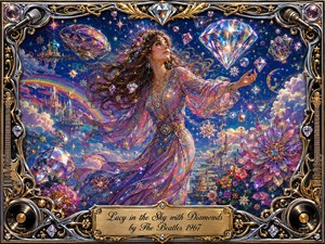 A graceful woman drifts through a dazzling dreamscape of giant faceted diamonds, jeweled flowers, stars, clouds, and a distant rainbow. Deep blues, purples, pinks, and gold shimmer under radiant celestial light. The richly detailed psychedelic fantasy style is framed with ornate chrome, gold filigree, musical motifs, records, guitars, and sparkling gems.