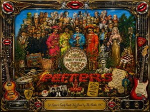 An ornate psychedelic tribute scene portrays The Beatles in colorful Sgt. Pepper uniforms standing before a grand collage of famous faces, instruments, flowers, and music memorabilia. Rich gold framing surrounds the composition, with dramatic red accents, glowing stage-like lighting, and a vintage poster style evoking the albums theatrical, imaginative spirit.