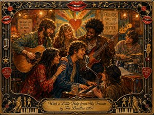 A joyful group of friends gathers around a piano, guitars, bass, drums, and microphone in a warmly lit vintage music room. Rich amber, red, teal, and blue tones create an affectionate, celebratory mood. Painterly textures, glowing bulbs, smiling faces, and an ornate music-themed frame emphasize friendship, harmony, and shared creative spirit.