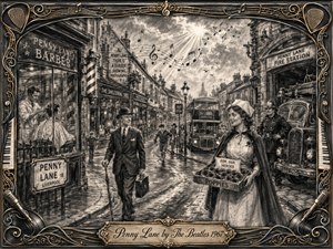 A richly detailed charcoal street scene transforms Penny Lane into a nostalgic 1960s Liverpool memory, filled with a barber, banker, nurse, fireman, double-decker bus, and lively storefronts. Smoky grays, deep blacks, glowing highlights, and drifting musical notes create a warm dreamlike mood, framed by ornate metallic music-inspired decoration.