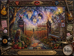 A richly detailed psychedelic garden scene depicts a dreamlike Strawberry Fields with a mystical gate, colorful flowers, and floating Beatles-inspired imagery. Surrounded by an ornate music-themed frame, the artwork blends gold accents, guitars, records, and instruments with vibrant reds, blues, and purples. Soft glowing light and textured brushwork create a nostalgic surreal atmosphere.